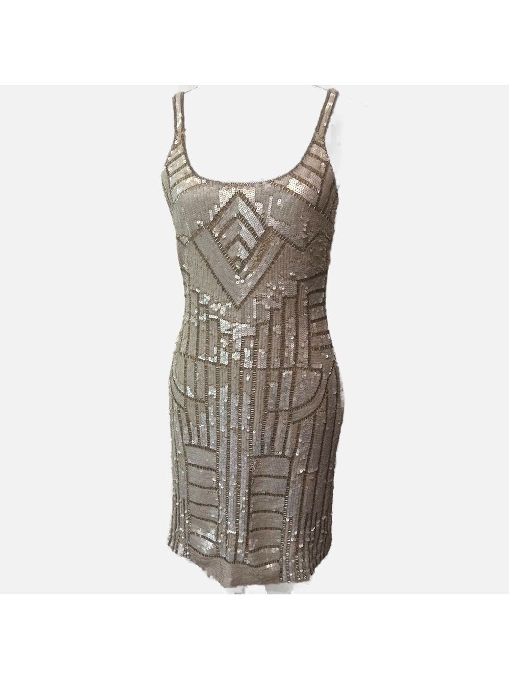 Adrienne Papell Sequin Midi Dress Sleeveless Lined 4 Tan Cocktail Party Wedding